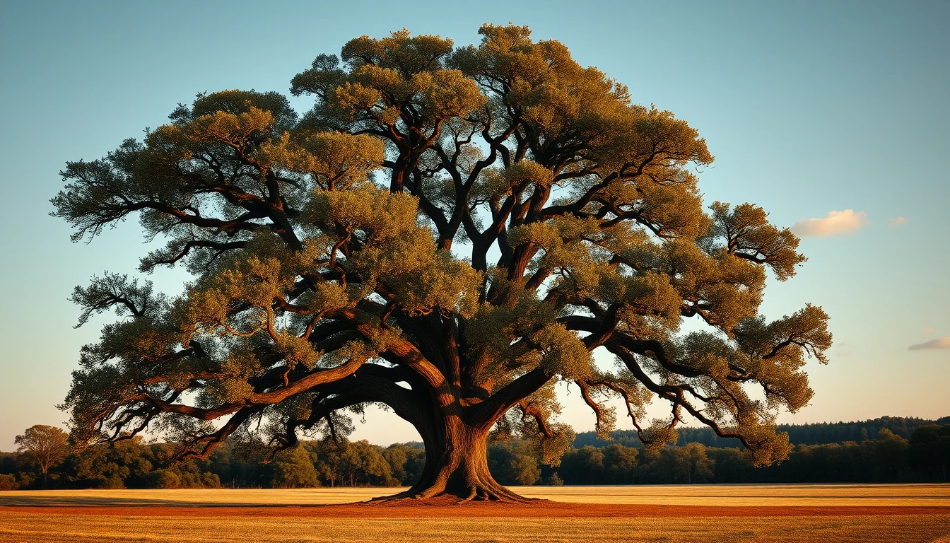 A large oak tree standing alone in an open field