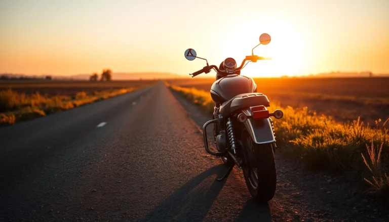 Sunrise over an open road with a motorcycle parked at the roadside