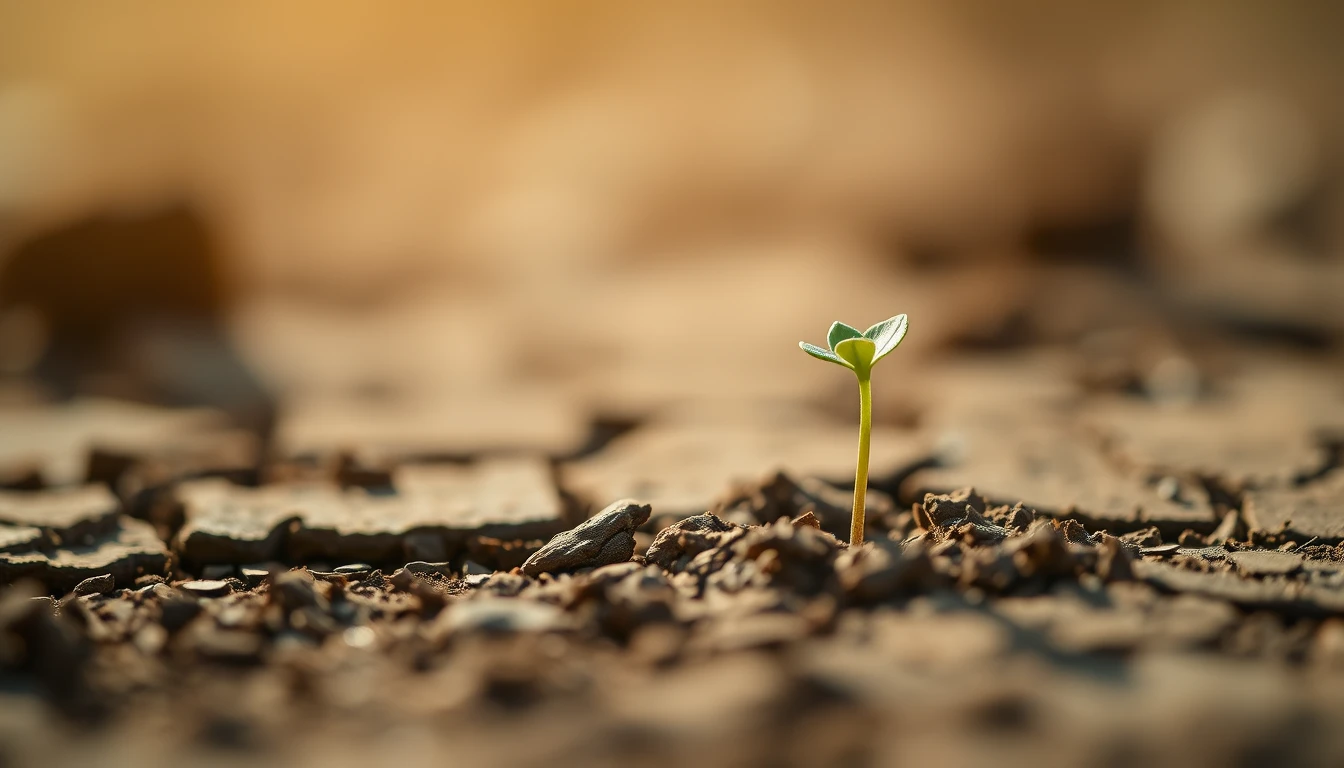 A tiny green seedling breaking through dry soil