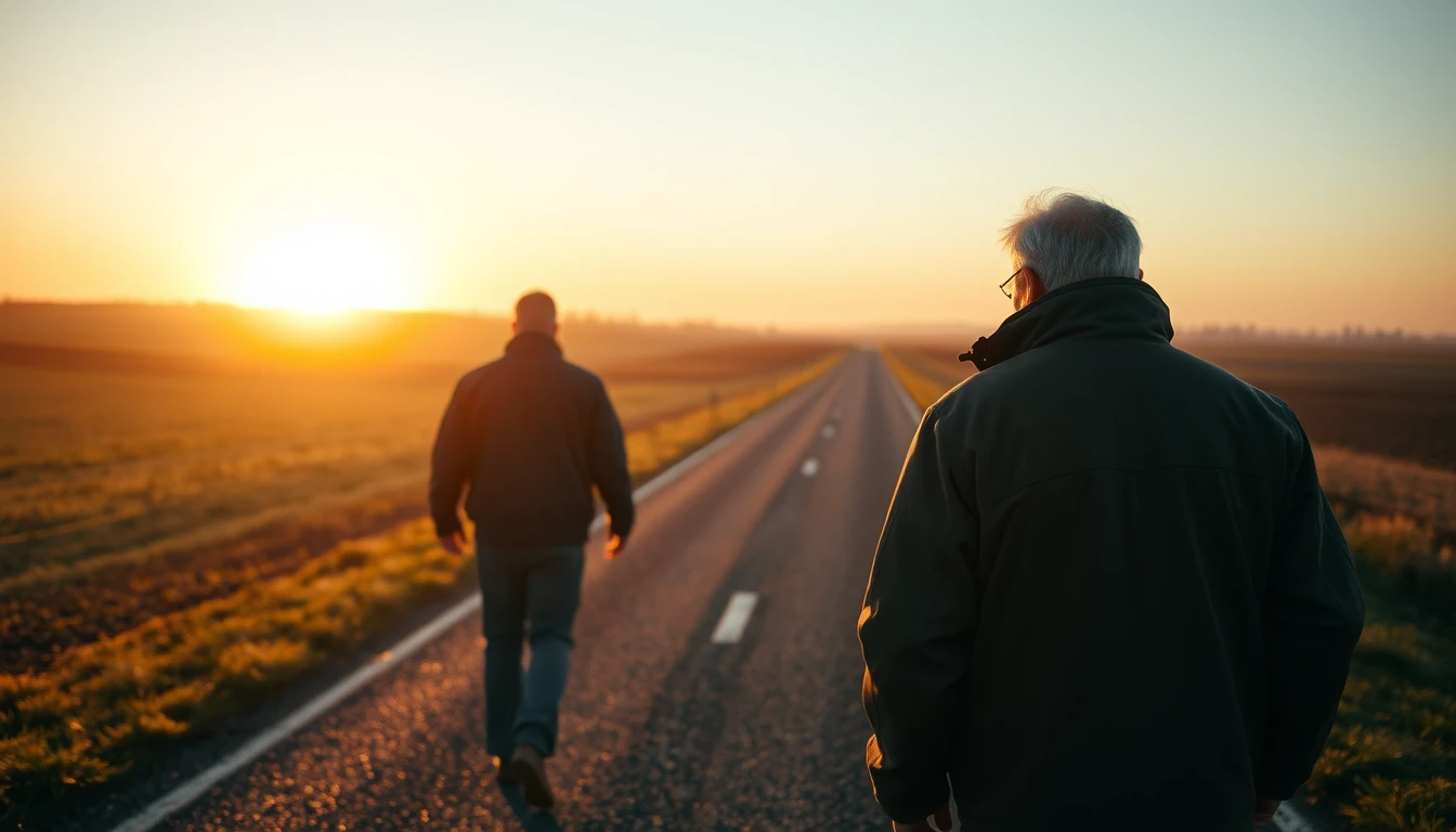 A man walking alone along a quiet road at sunrise