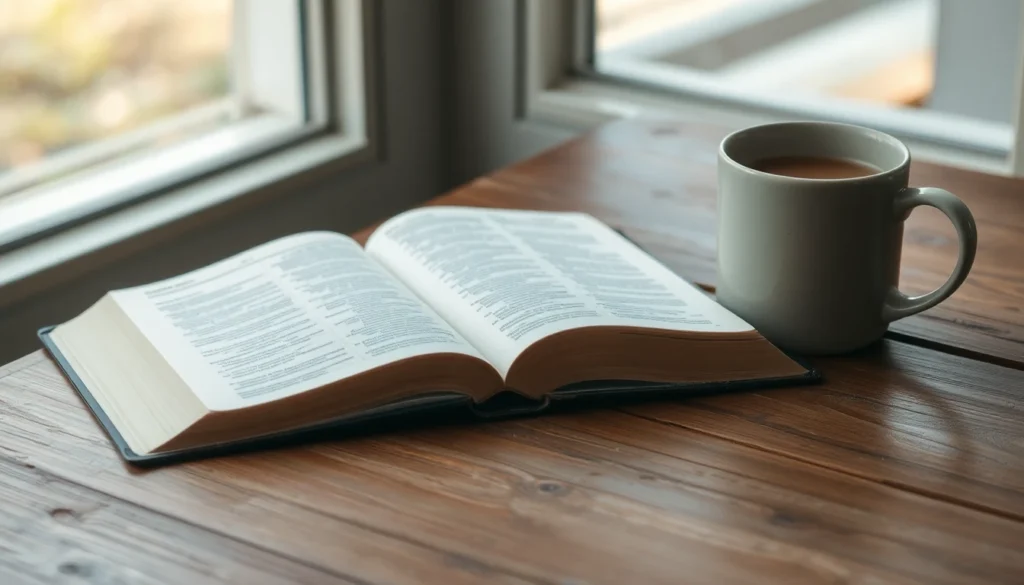 An open Bible and a cup of coffee on a table in early morning light