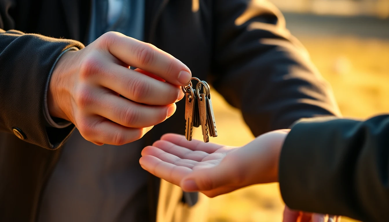 An older man handing a set of keys to a younger man