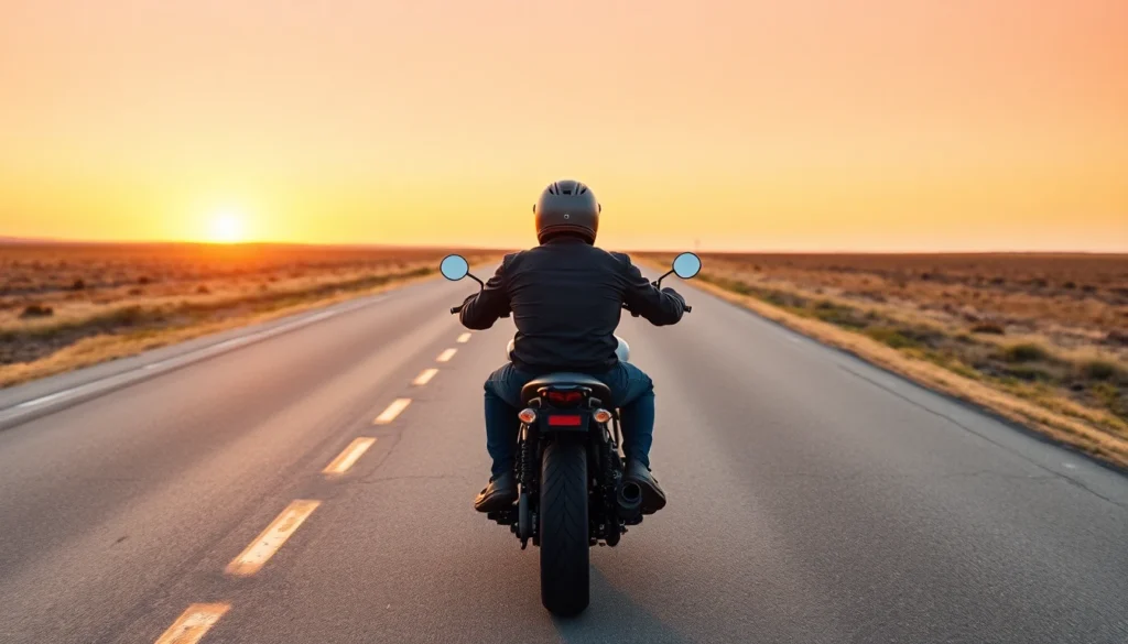 A lead rider at the front of a small group of motorcycles on an open road