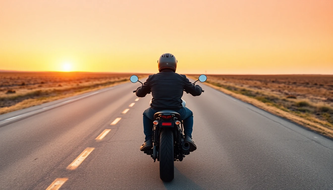 A lead rider at the front of a small group of motorcycles on an open road
