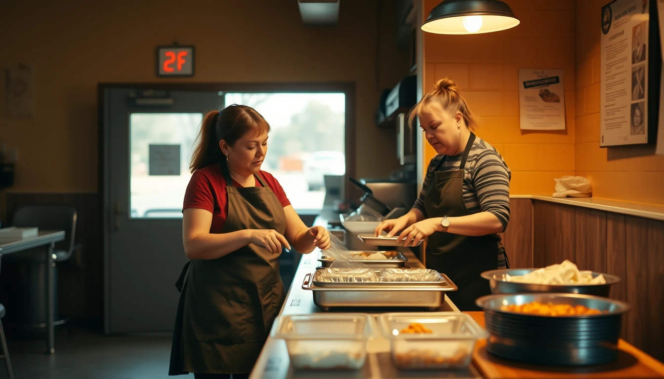 Volunteers serving food from behind a counter
