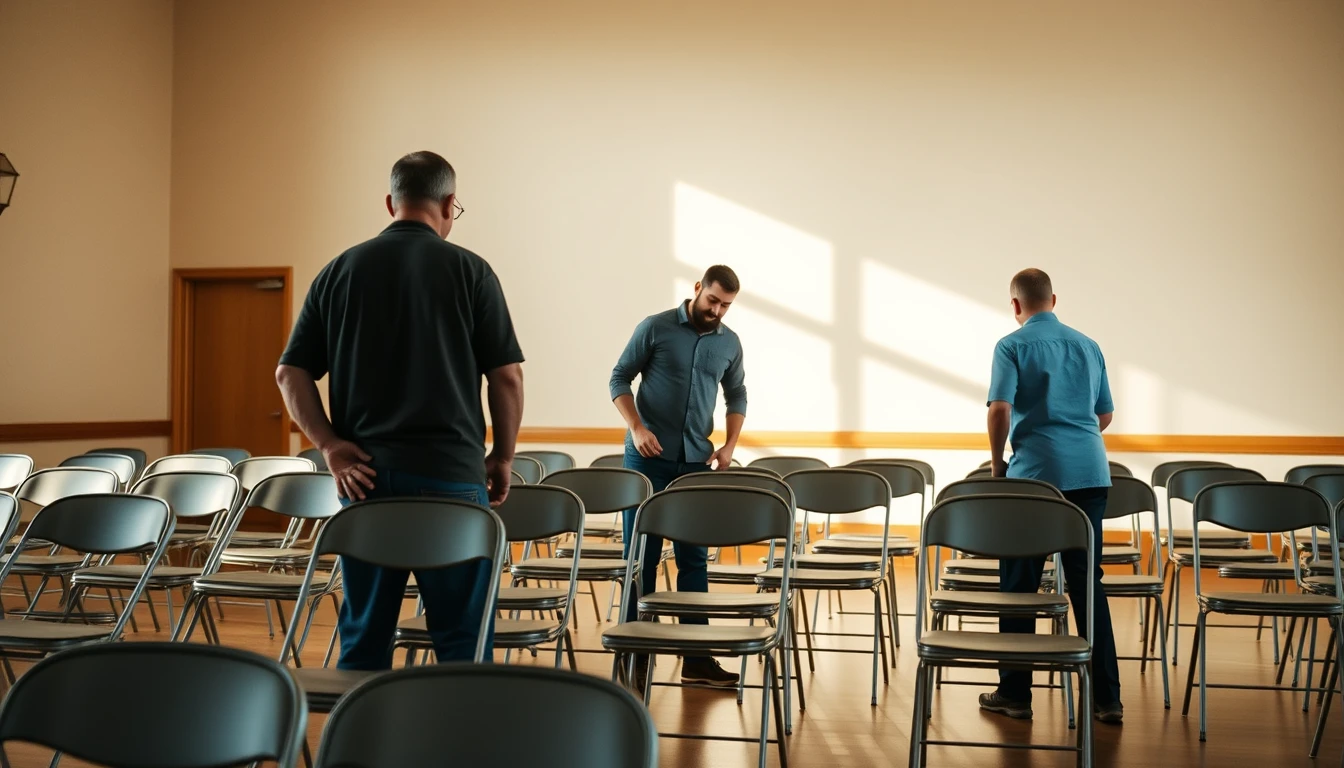 Volunteers setting up chairs in a hall before a service