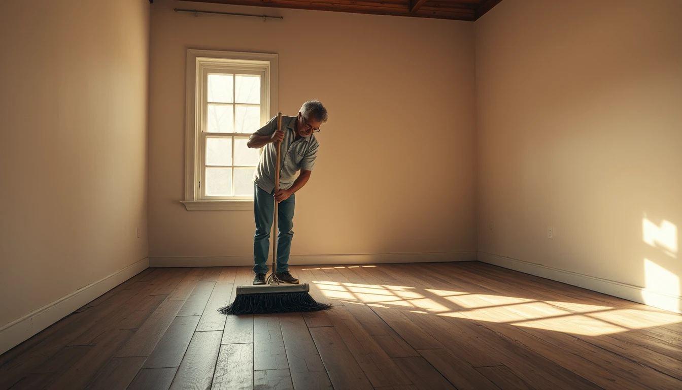 A man sweeping a wooden floor in an empty room