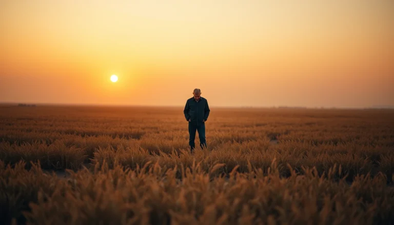 A man standing with head bowed at sunrise
