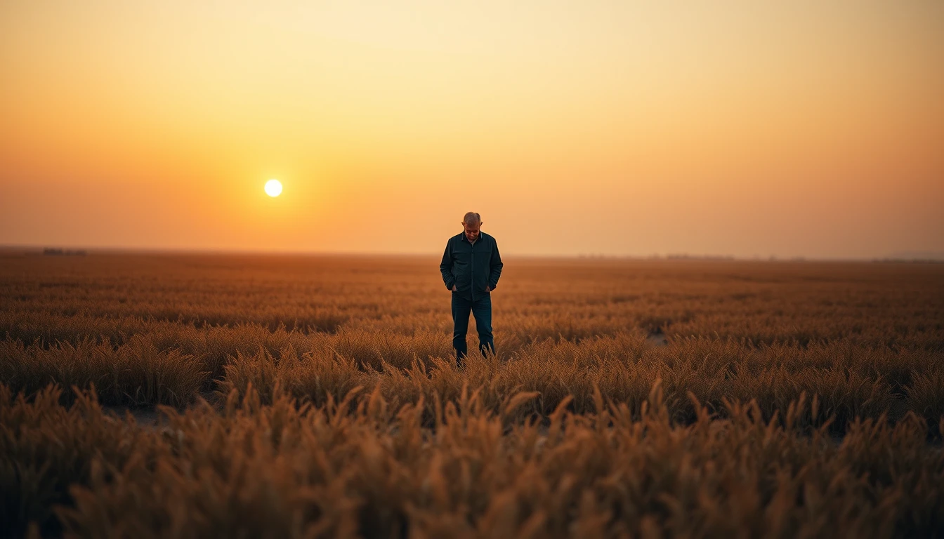 A man standing with head bowed at sunrise