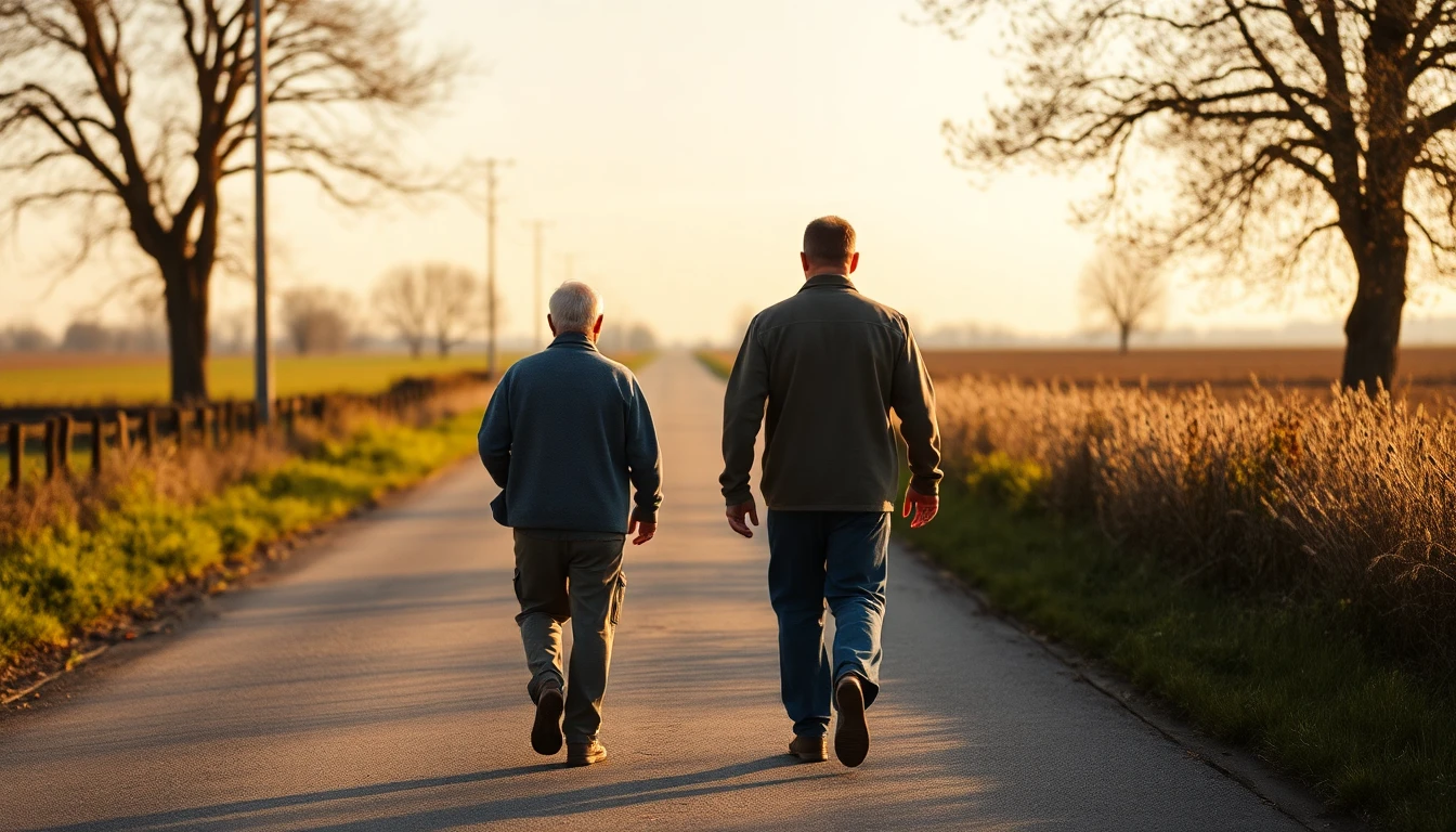 Two men walking together along a country road