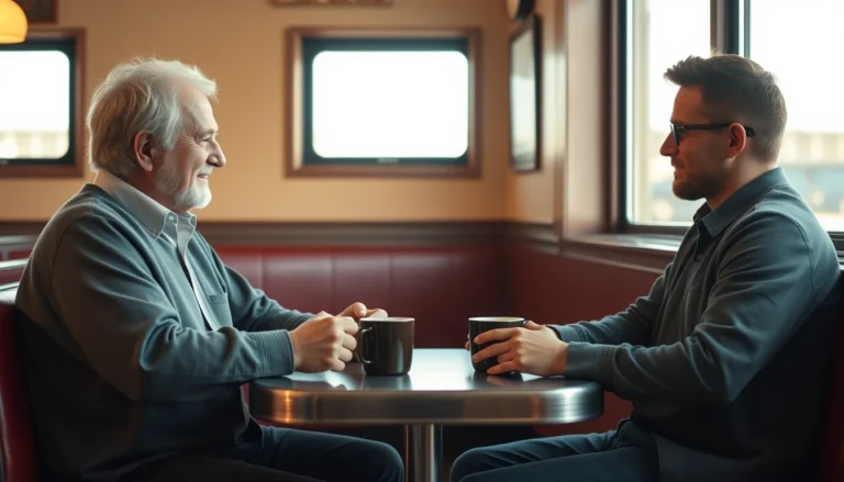 An older man and a younger man talking over coffee