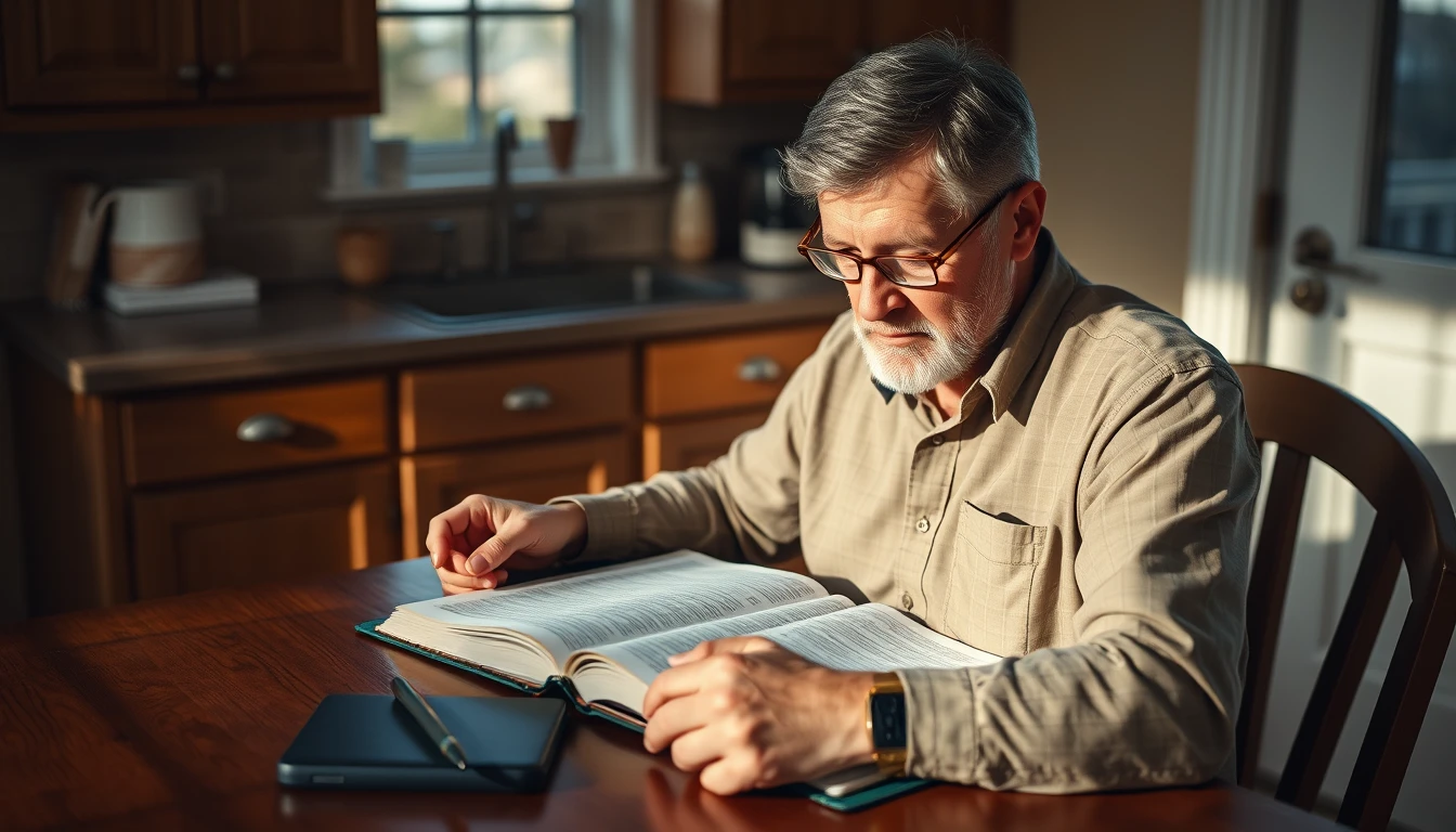 A man reading scripture with a notebook beside him