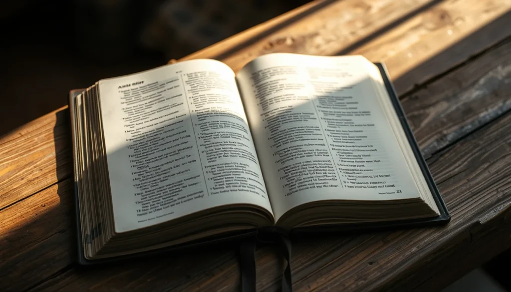 An open Bible resting on a wooden table in warm morning light