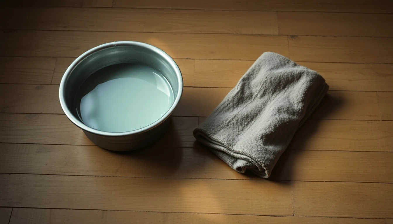 A simple basin and folded towel on a plank floor