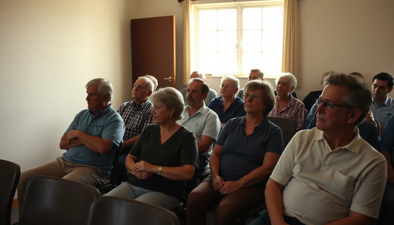 A small congregation gathered in a simple meeting room