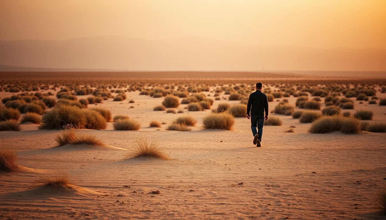 A lone figure walking through open desert scrubland