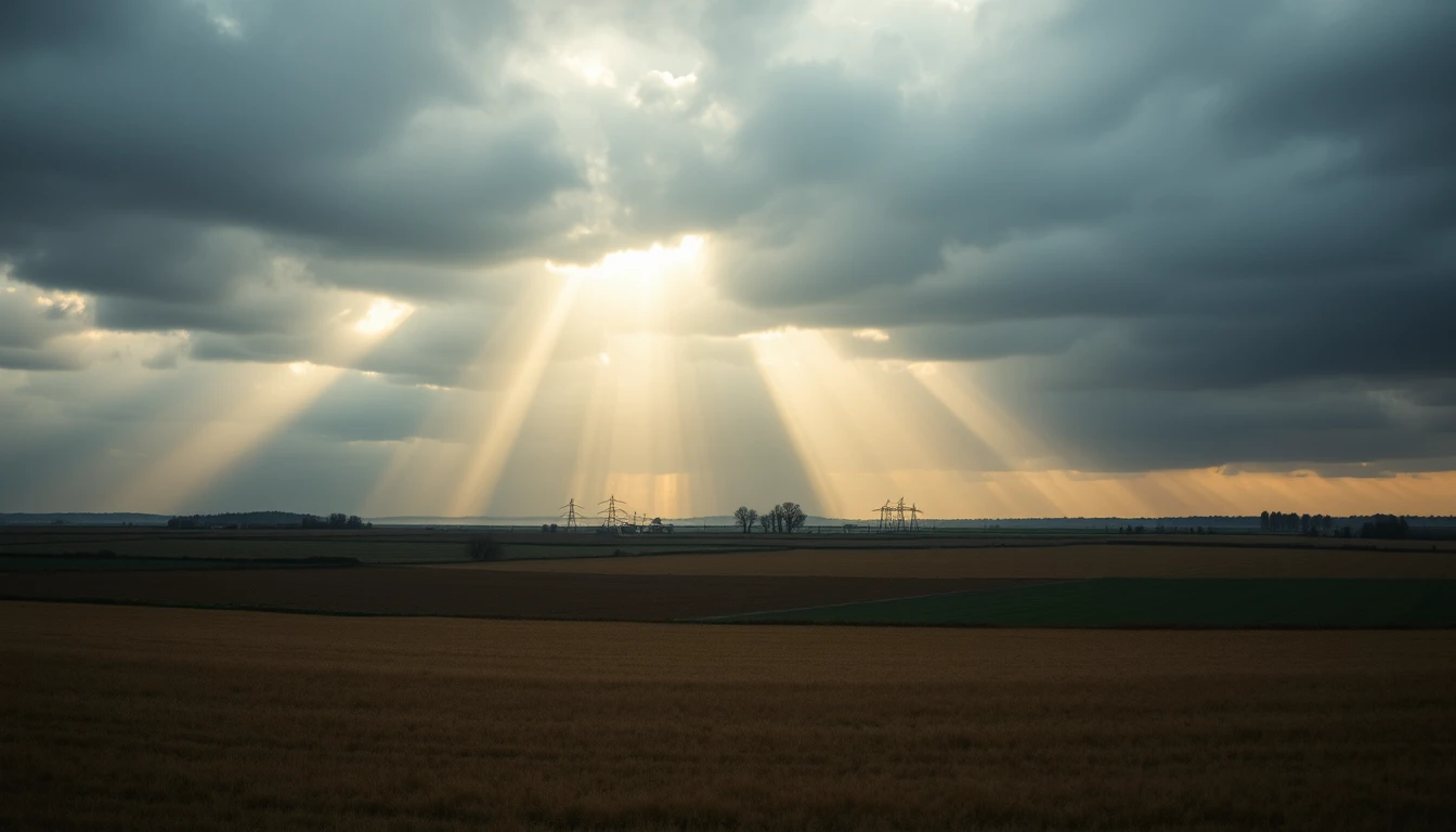 Light breaking through heavy clouds over open land