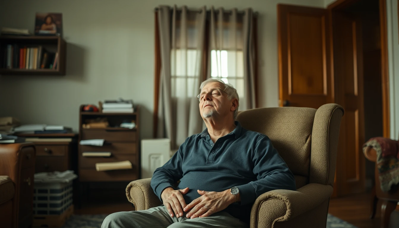 A man praying quietly in a chair at home