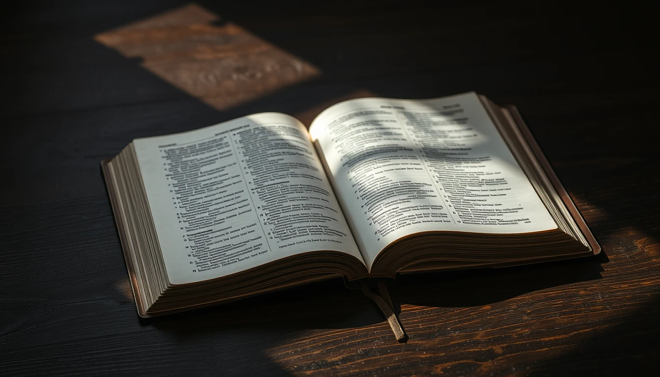 An open Bible on a table with soft light falling across the pages